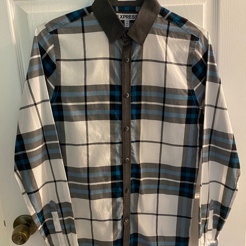 Express Men’s L/S Button Down, Size S, White/Turquoise/Grey Plaid